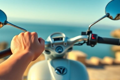 Hands on scooter handlebars with scenic Jeju coast blurred background